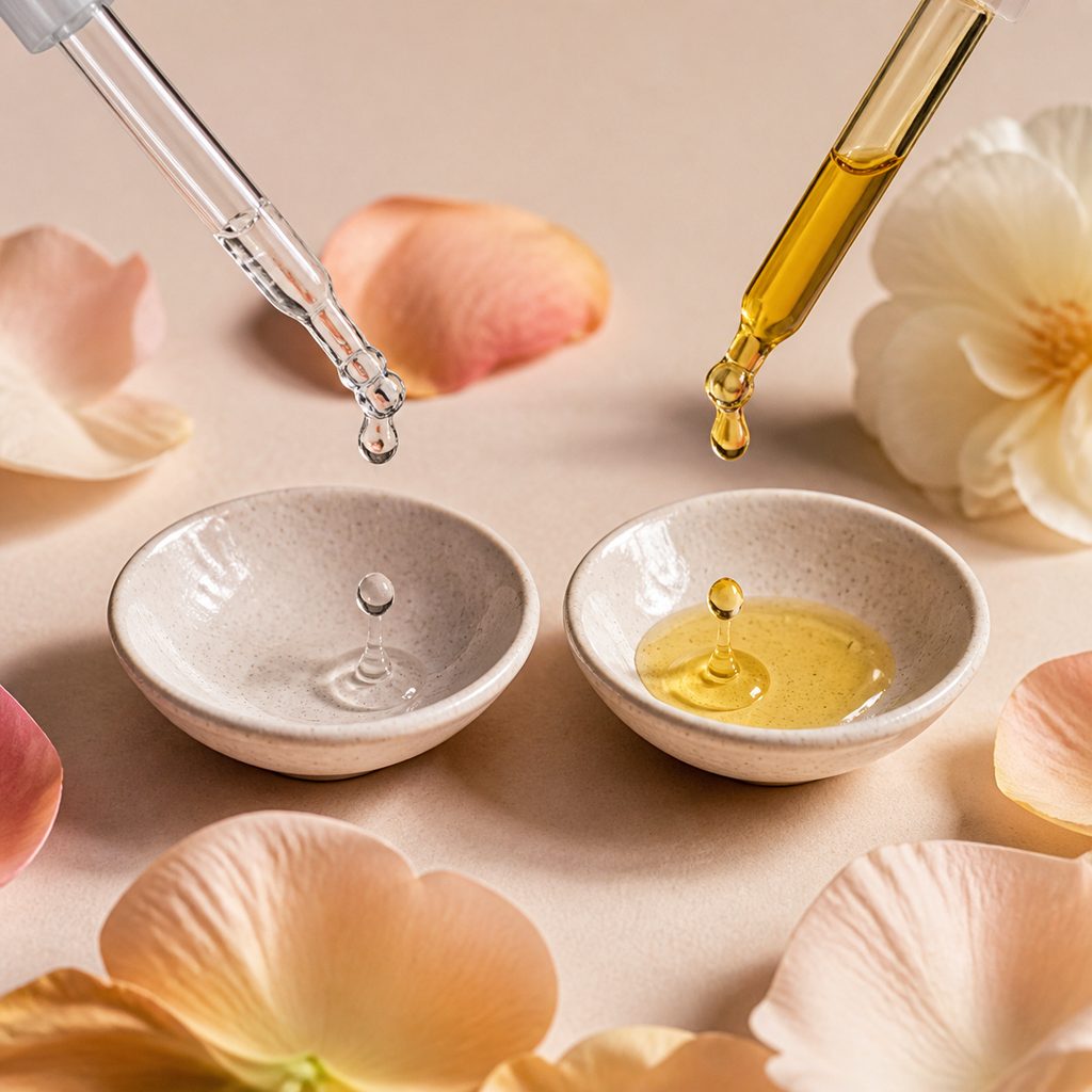 Deux pipettes de sérum au-dessus de coupelles, l'une évoquant l'hydratation, l'autre le soin anti-âge, sur fond pastel