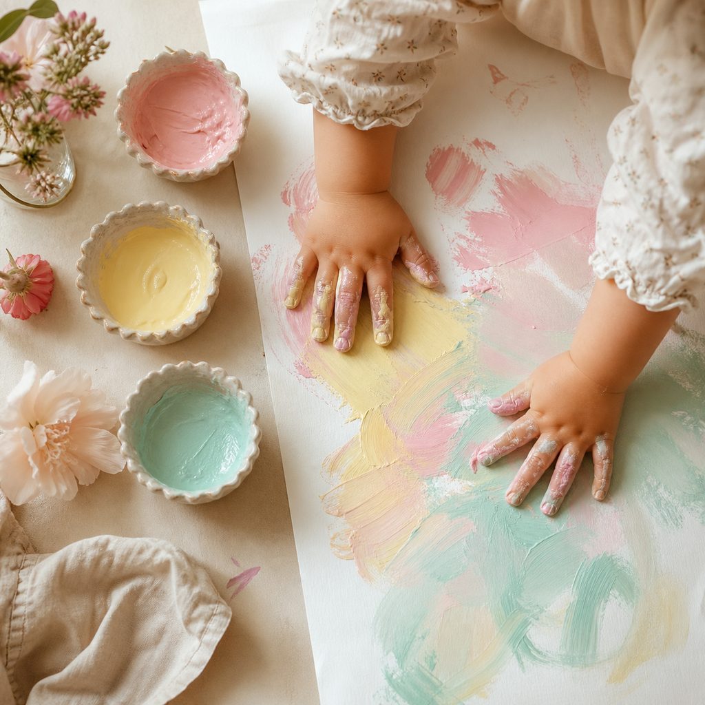 Mains d'enfant faisant de la peinture au doigt avec des couleurs pastel sur une feuille blanche
