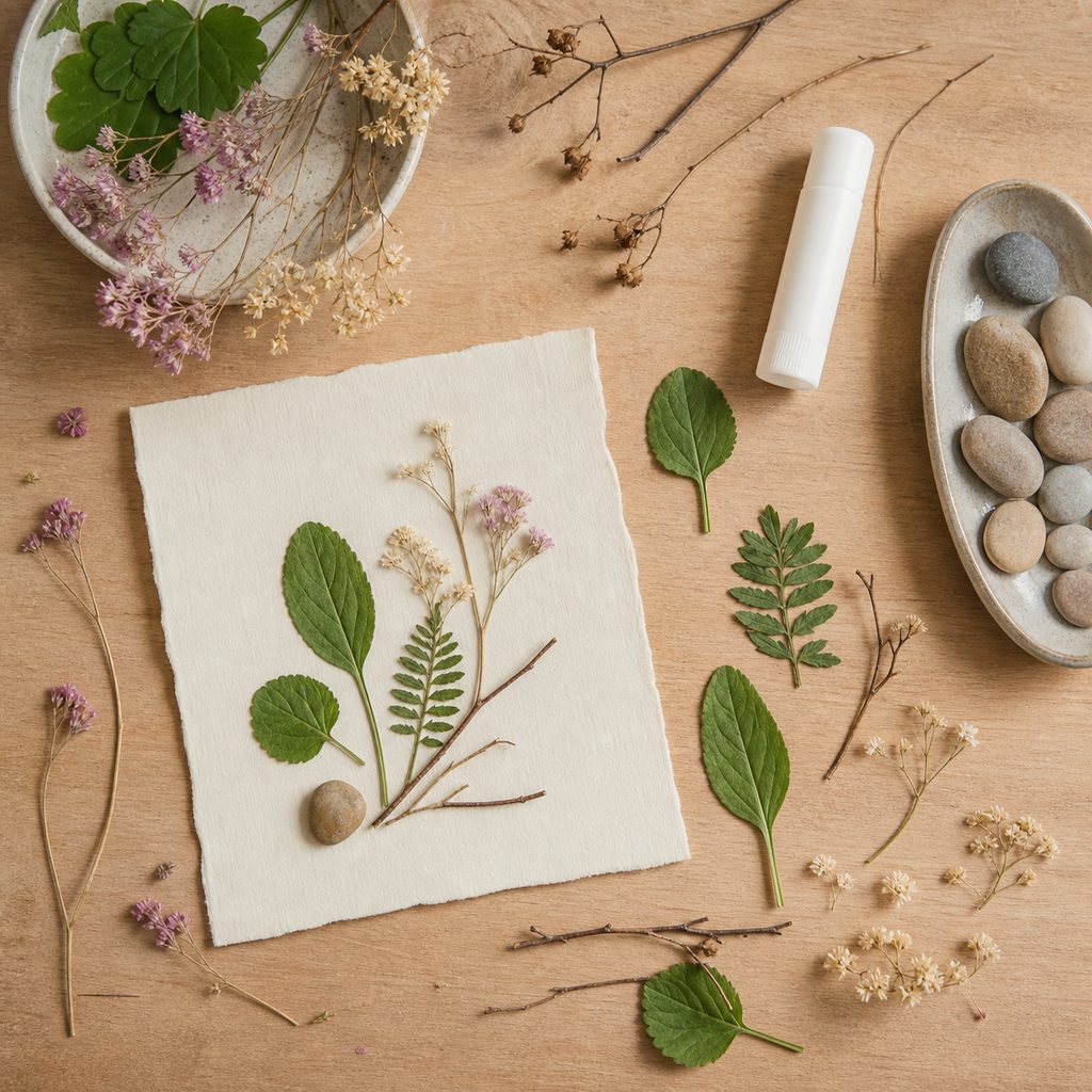 Trésors de balade disposés à côté d'un collage nature d'enfant : feuilles, fleurs séchées, cailloux et brindilles