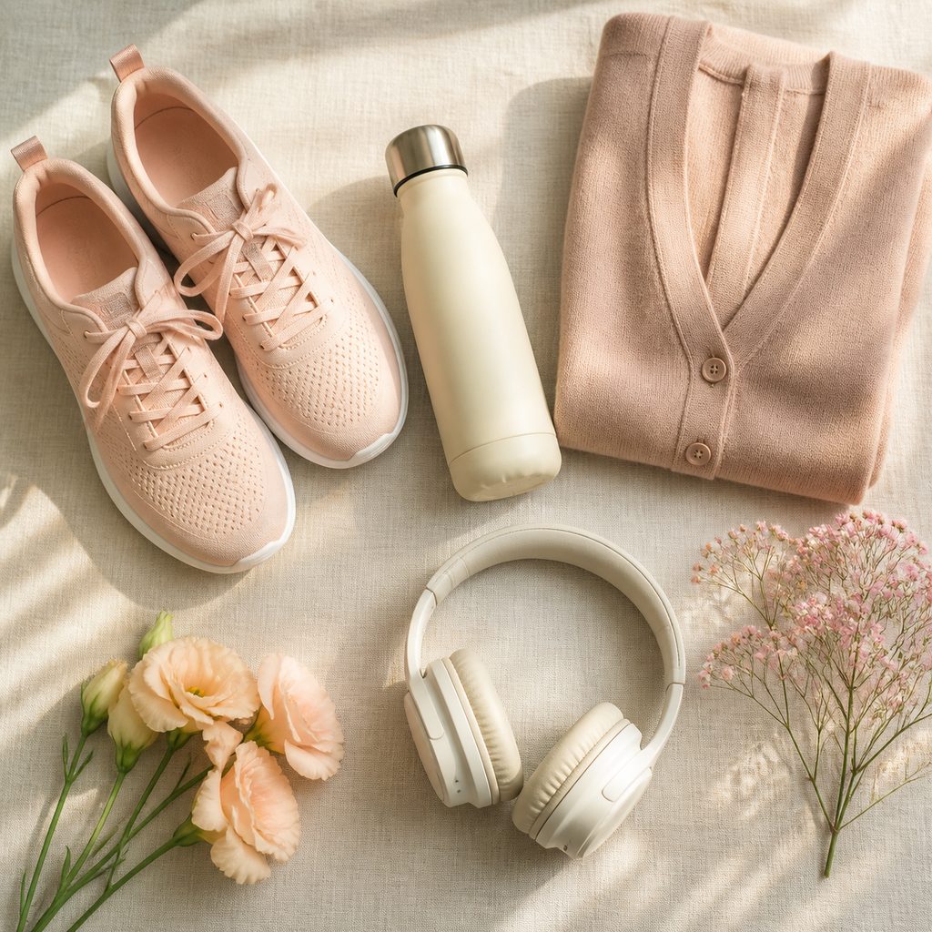 Kit de marche quotidienne : baskets, gourde et écouteurs sur fond neutre