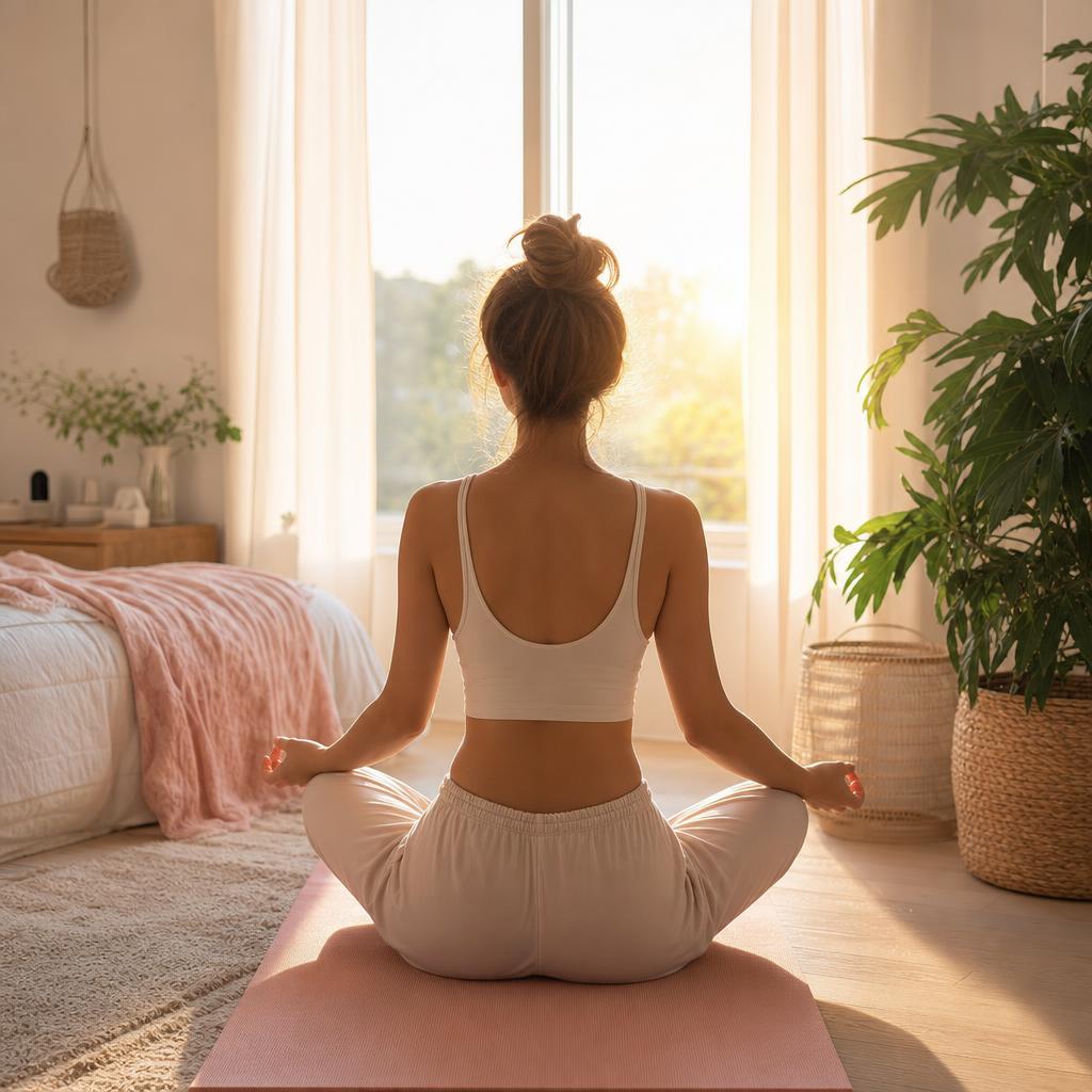 Femme assise en tailleur sur son tapis de yoga face à la fenêtre au lever du jour