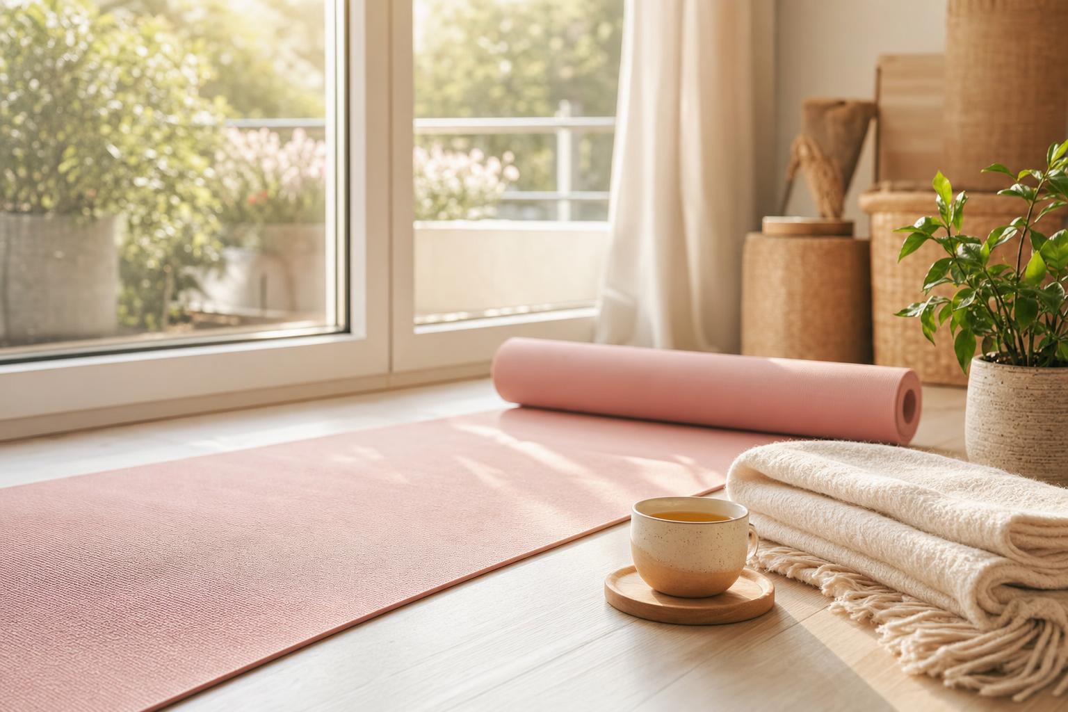 Tapis de yoga déroulé devant une fenêtre baignée de lumière matinale, avec une tasse de thé et une plante