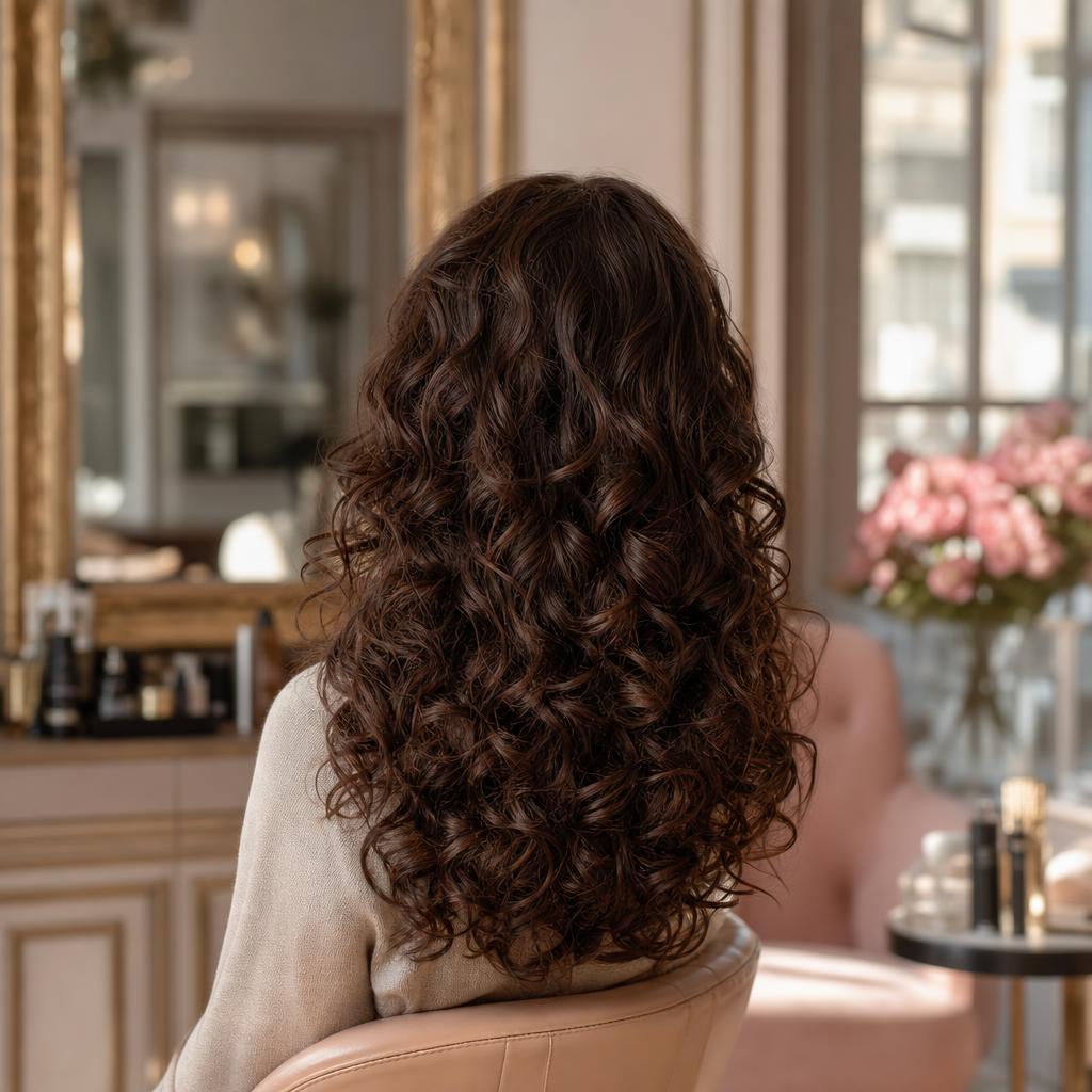 Boucles brunes définies vues de dos dans la lumière d’un salon parisien