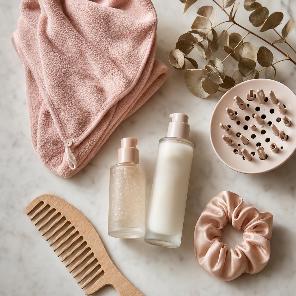 Serviette microfibre, peigne à dents larges, diffuseur et flacons de soin posés sur du marbre