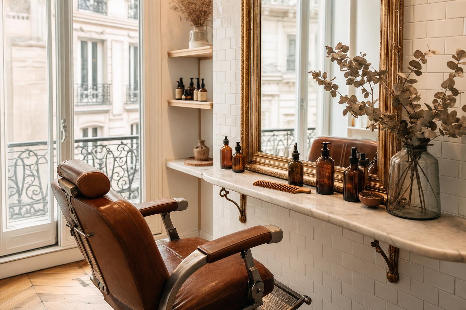 Salon de coiffure parisien spécialisé cheveux bouclés, fauteuil vintage et grande fenêtre haussmannienne