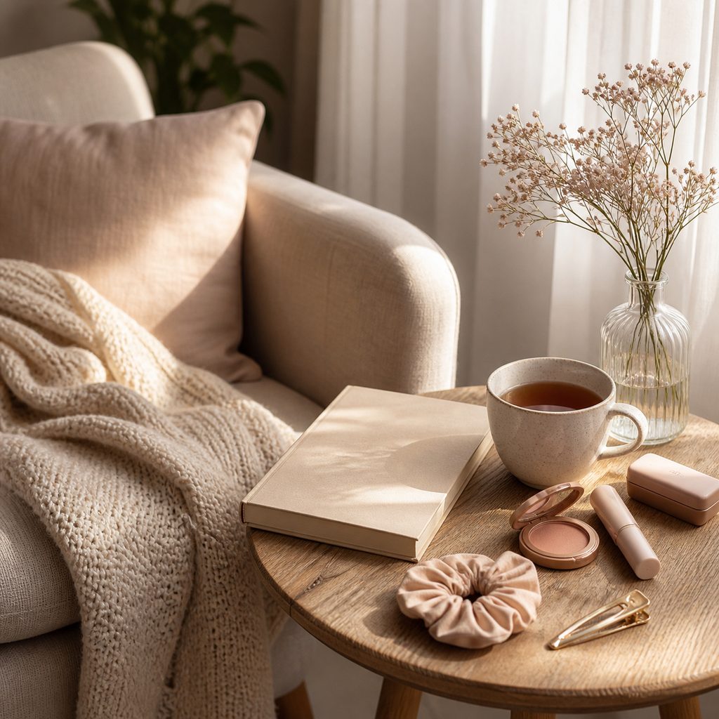 Coin lecture paisible avec une tasse de thé, un plaid et la lumière douce du matin