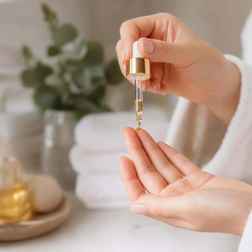 Mains déposant quelques gouttes de sérum sur le bout des doigts avec une pipette