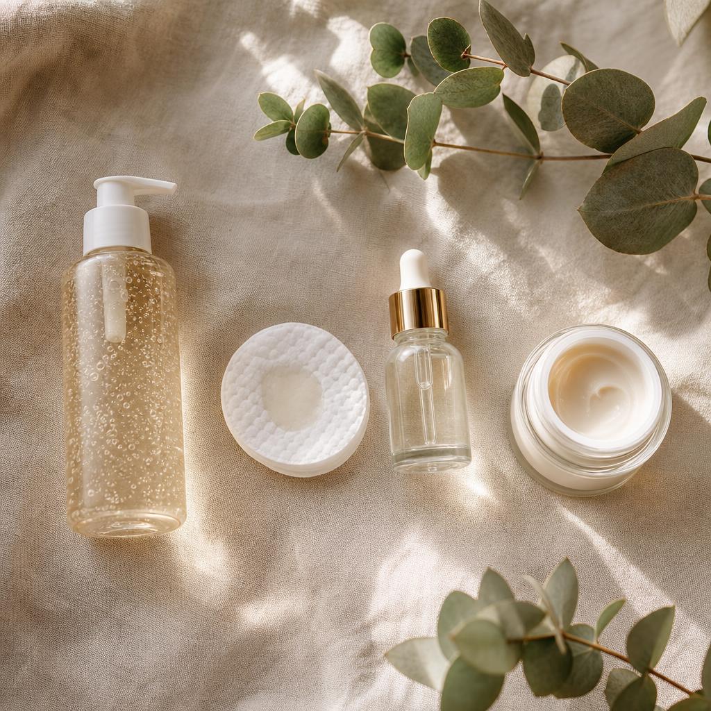 Produits d'une routine visage disposés dans l'ordre d'application, du nettoyant à la crème
