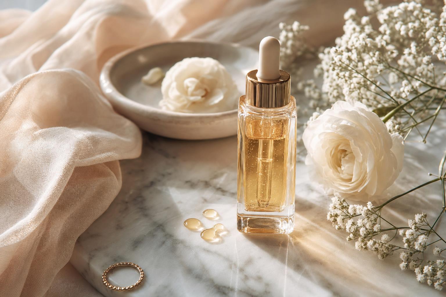 Flacon de sérum visage avec pipette posé sur une coiffeuse en lumière naturelle