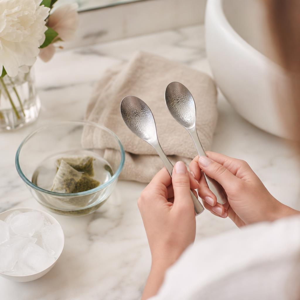 Mains tenant deux cuillères froides au-dessus d'un plan de toilette en marbre, sachets de thé vert en train de refroidir