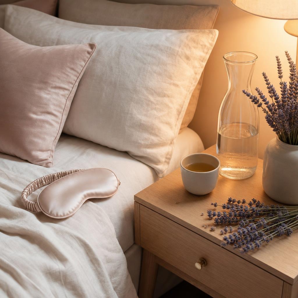 Table de nuit apaisante avec masque de sommeil, carafe d'eau et tisane, oreillers légèrement surélevés
