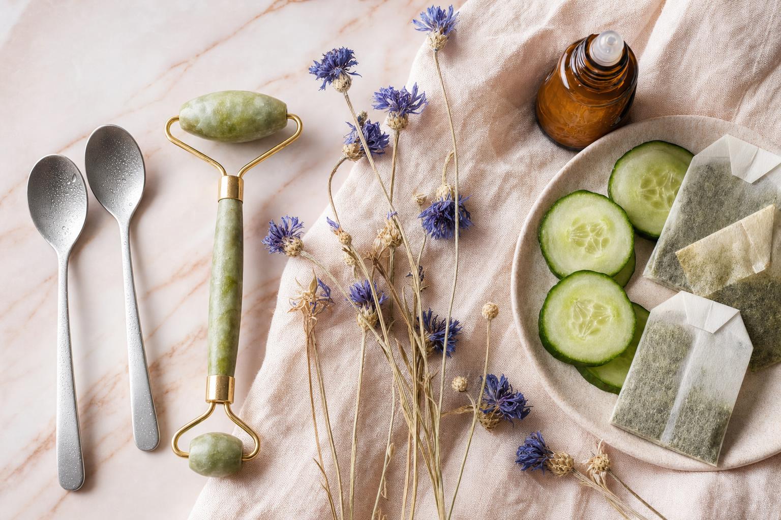 Rituel naturel anti-cernes : cuillères froides, roller de jade, sachets de thé vert et rondelles de concombre sur un plateau en marbre