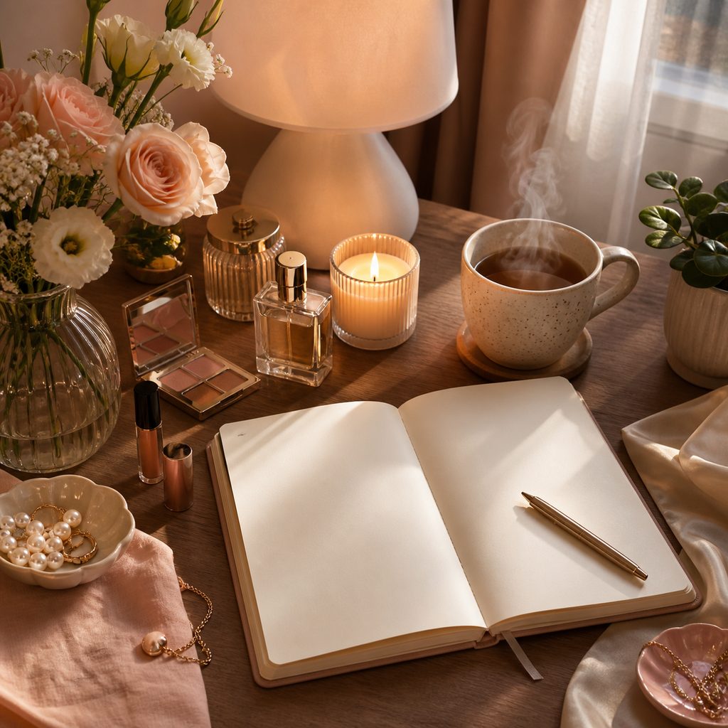 Coin bureau avec un journal ouvert, un stylo, une bougie allumée et une tasse fumante dans une lumière douce du soir