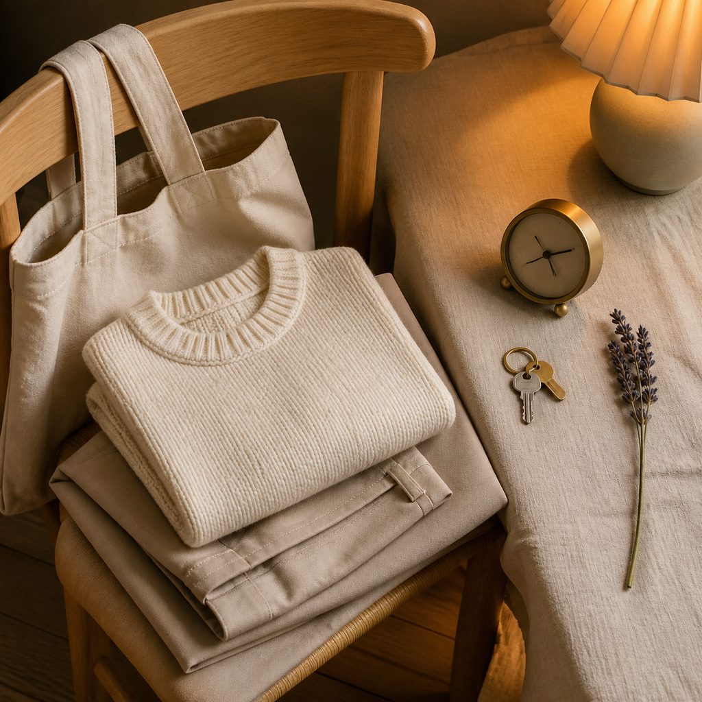 Chaise en bois avec des vêtements pliés, un sac en toile et un réveil posés pour le lendemain