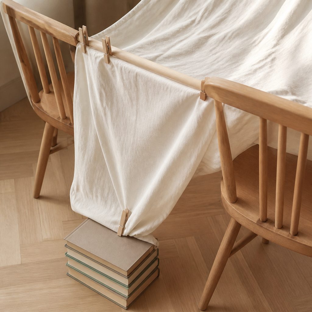 Drap tendu sur le dossier d'une chaise et fixé avec des pinces à linge, livres lestant le bord au sol