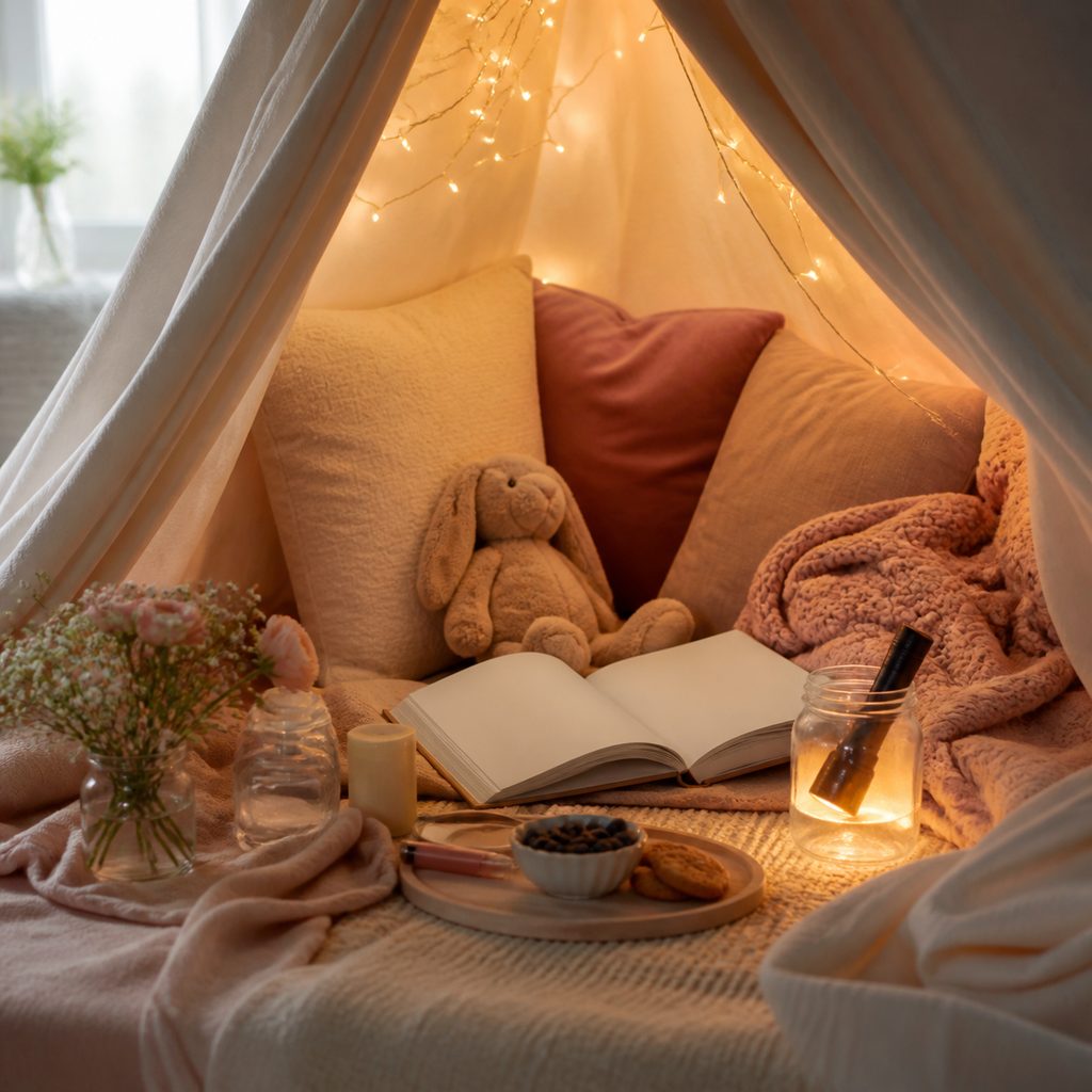 Intérieur d'une cabane en draps avec guirlande lumineuse, coussins, livre ouvert et lampe torche dans un bocal