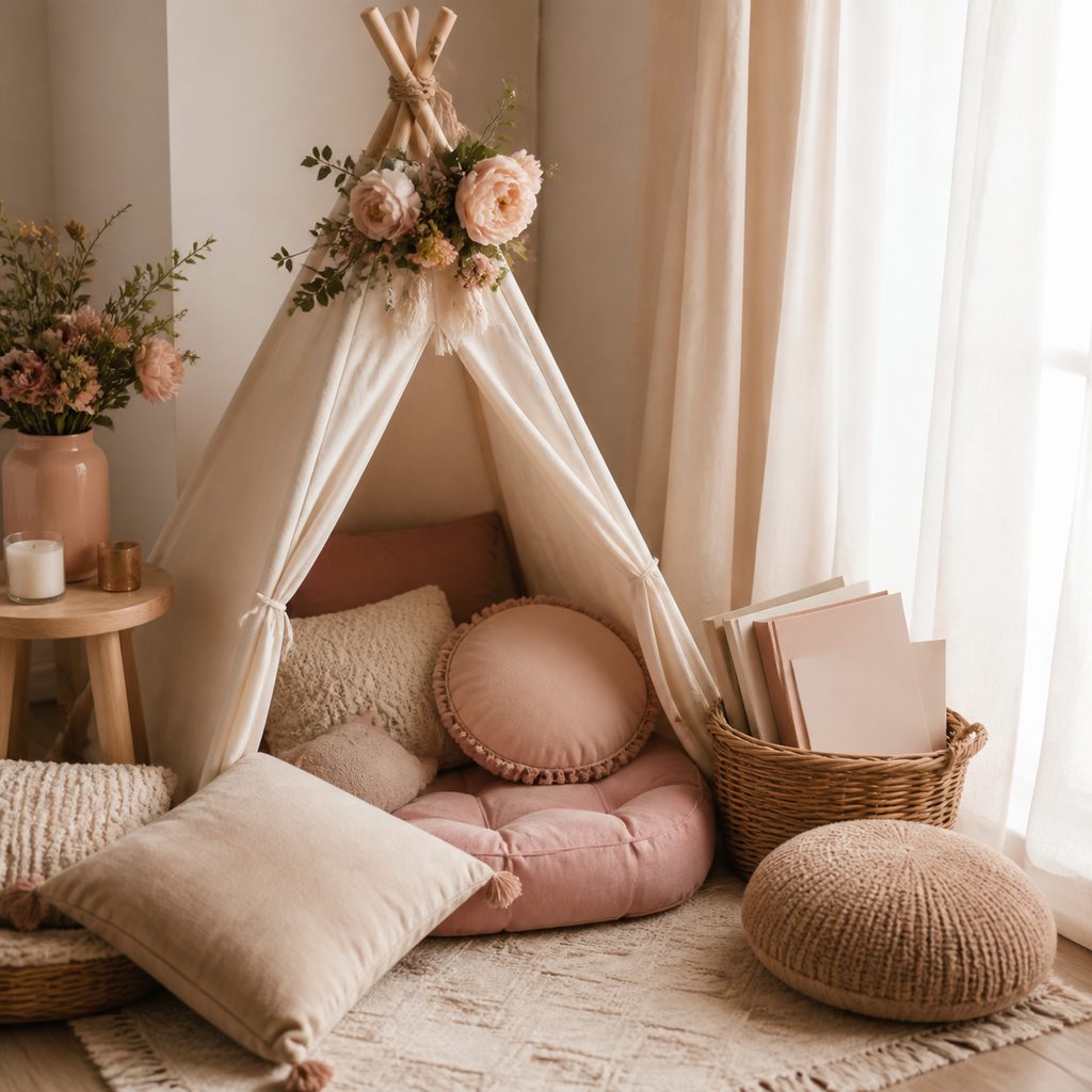 Coin calme pour tout-petit avec coussins pastel, petite tente et panier de livres