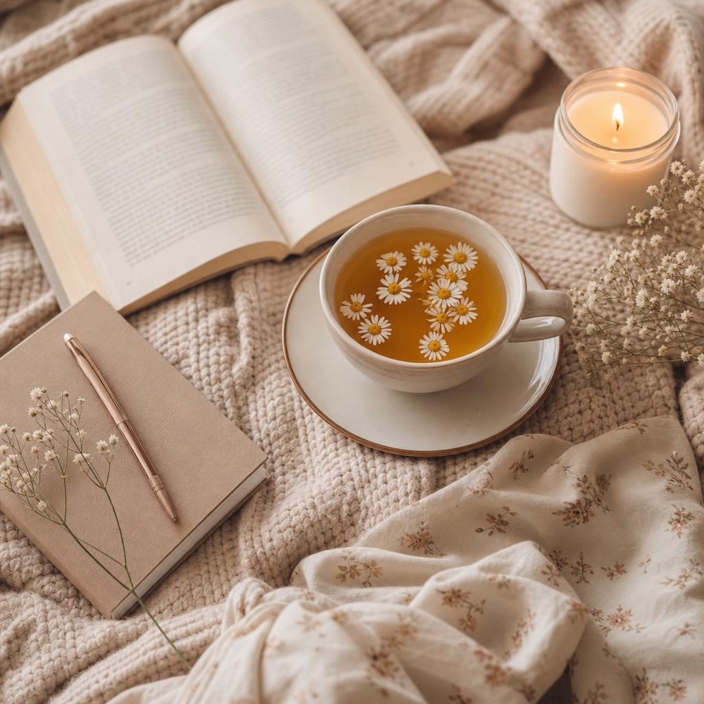 Rituel du soir posé sur un plaid : livre ouvert, tisane, carnet et bougie allumée