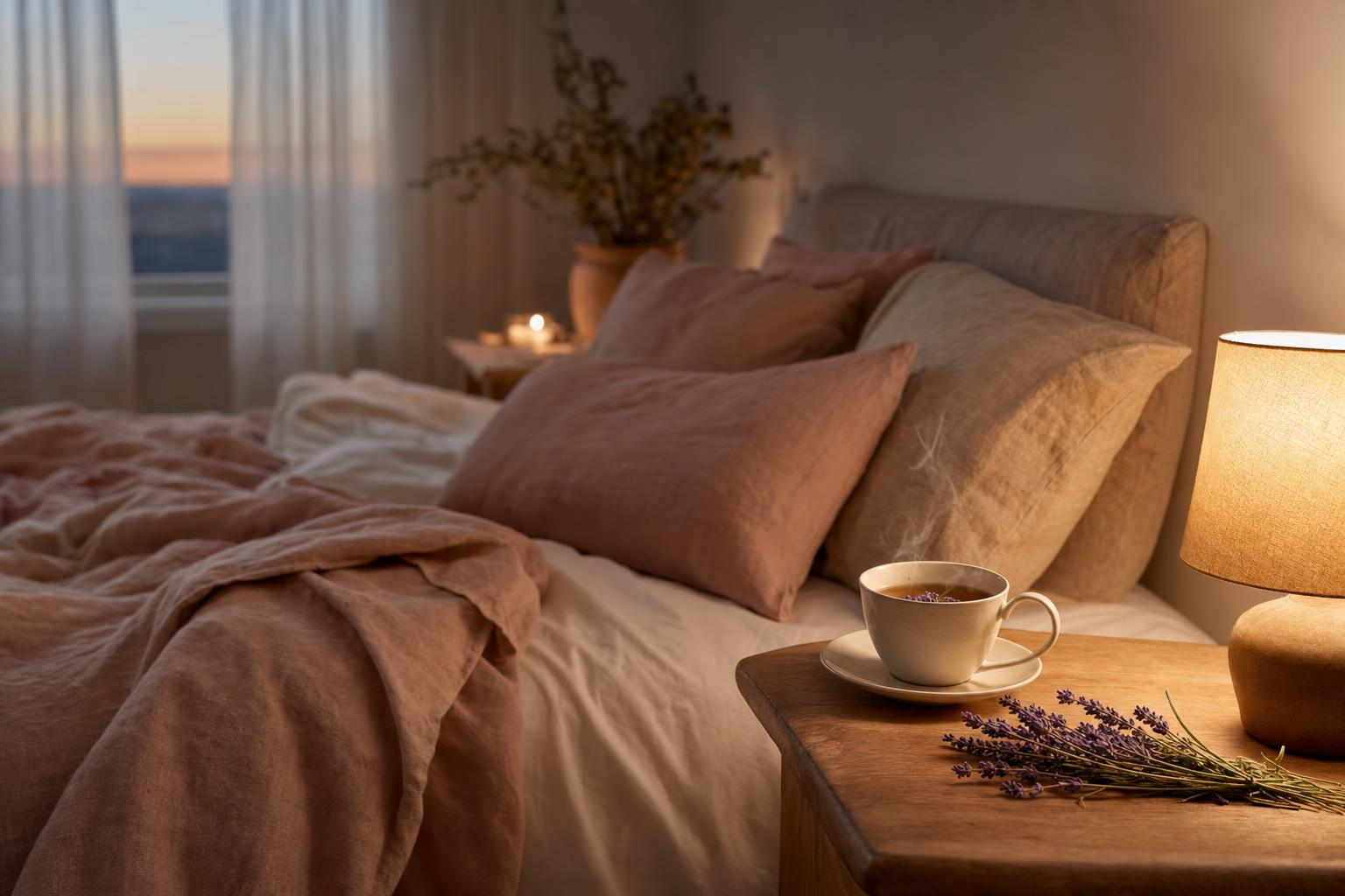 Chambre cosy au crépuscule avec linge de lit en lin, tisane fumante et lumière douce