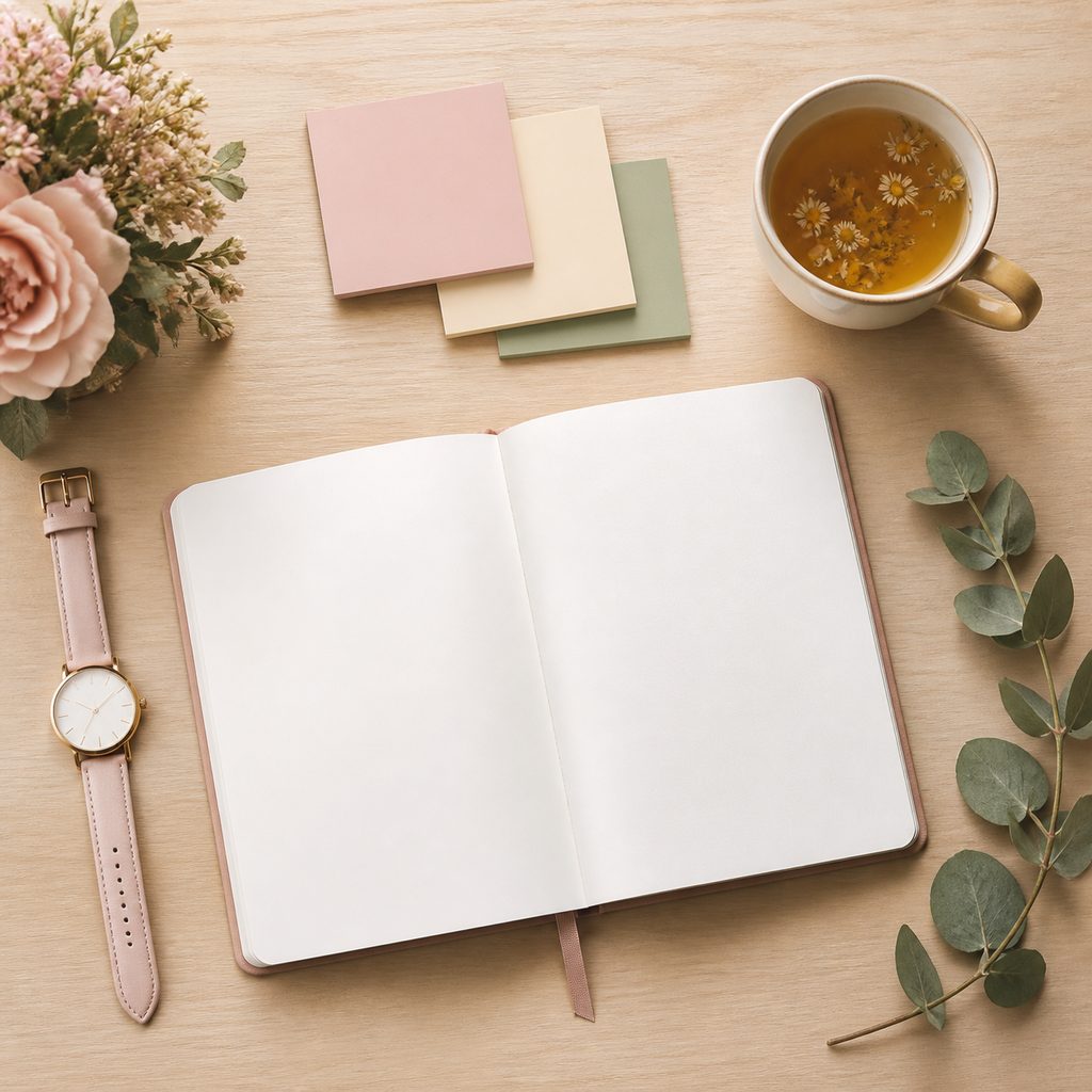 Séance de planification hebdomadaire : carnet ouvert, notes adhésives pastel et tasse de thé