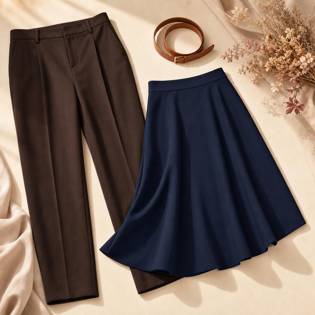 Pantalon droit foncé, jupe évasée et ceinture posés à plat sur fond neutre