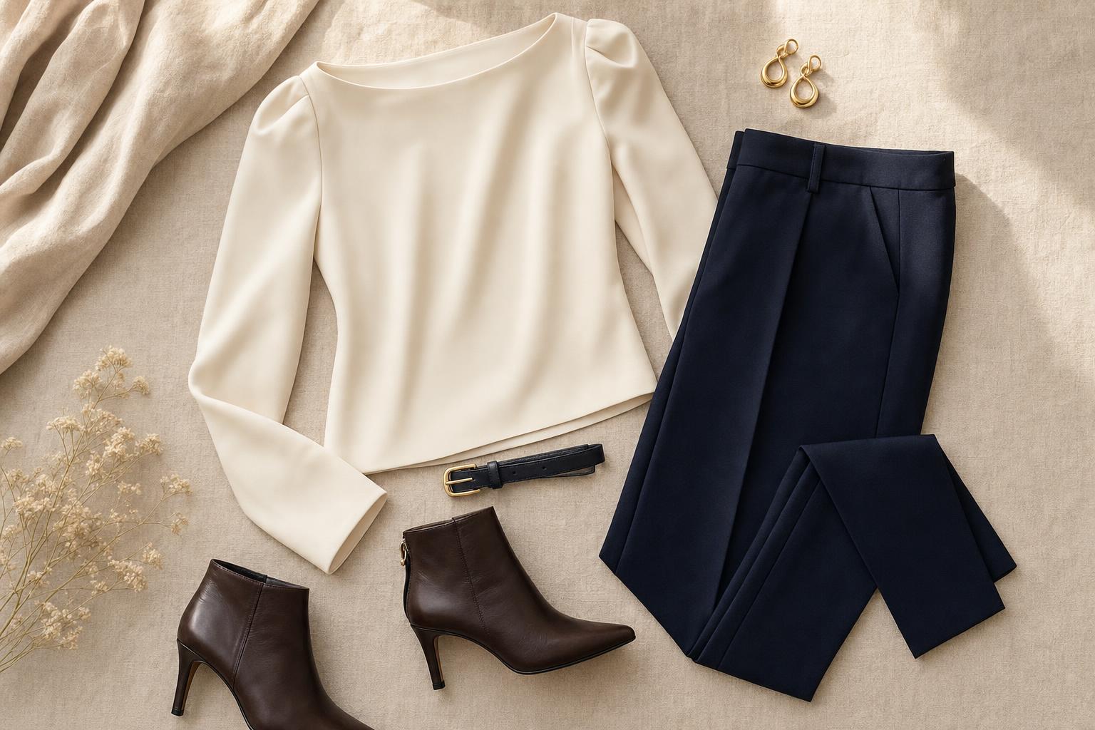 Tenue posée à plat pensée pour une morphologie en A : haut clair à encolure large, pantalon droit foncé et ceinture