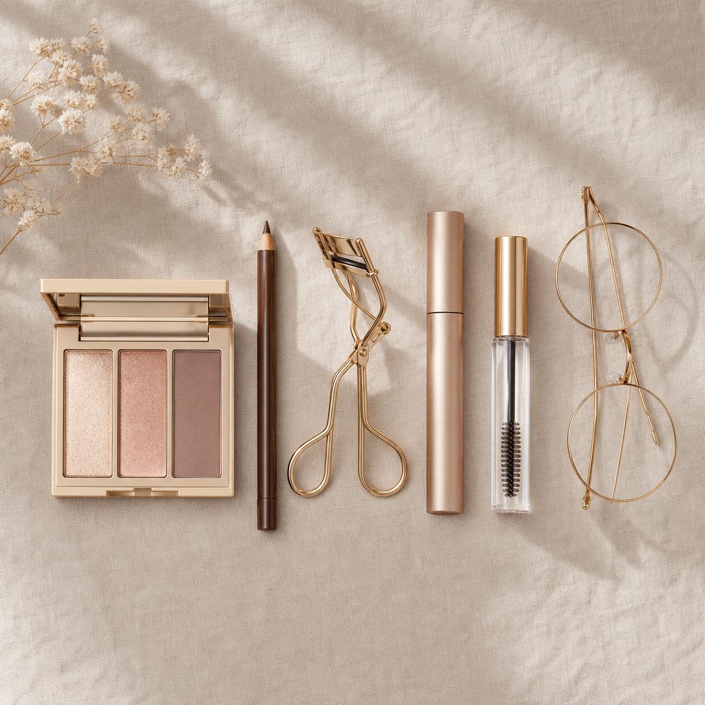 Palette de fards neutres, liner brun, recourbe-cils et mascara alignés à côté d'une monture fine