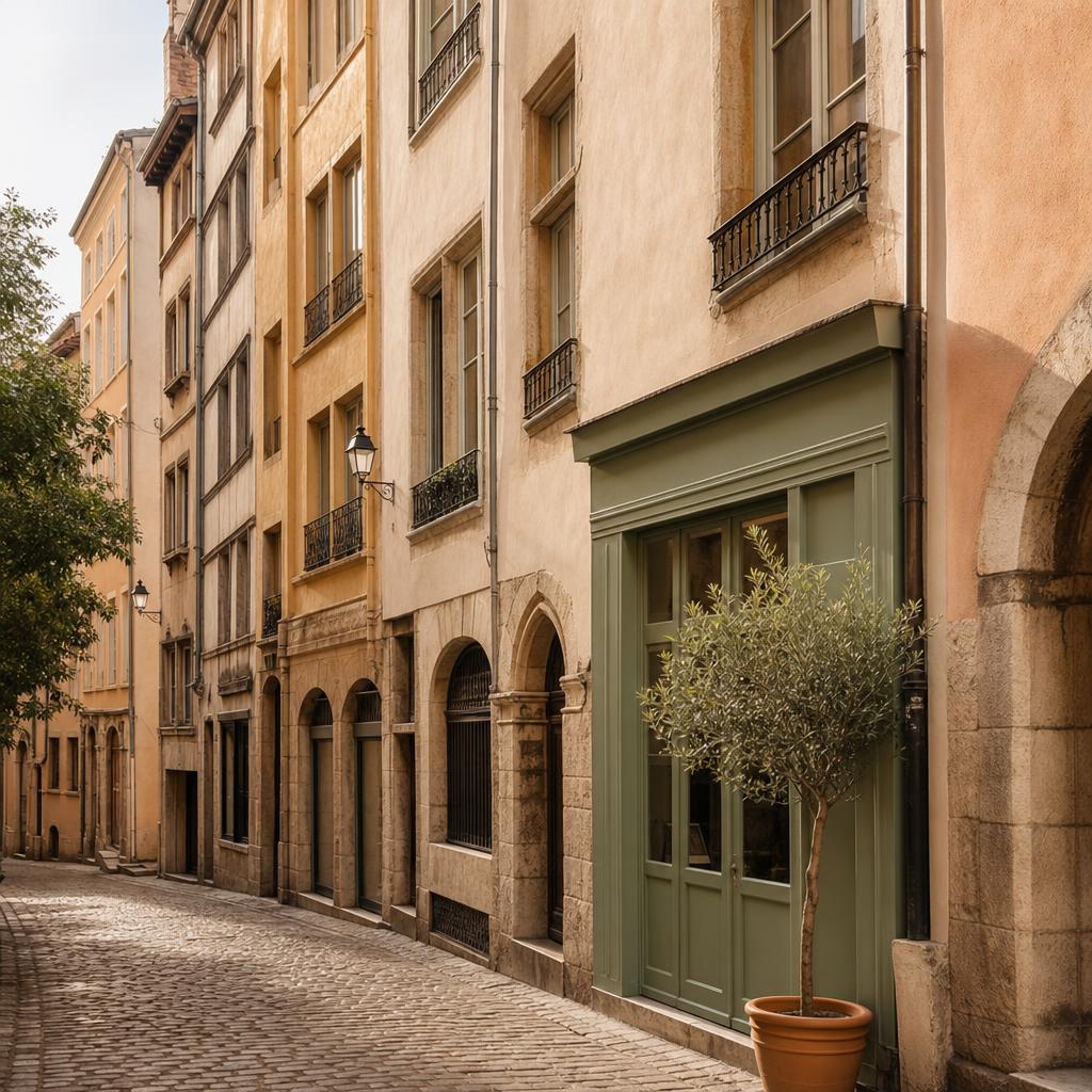 Rue calme aux façades ocre à Lyon avec une petite devanture à la porte verte