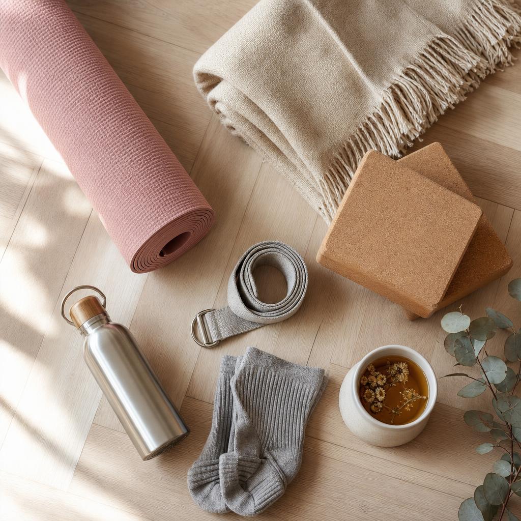 Tapis de yoga roulé, briques en liège, sangle et couverture prêts pour un premier cours