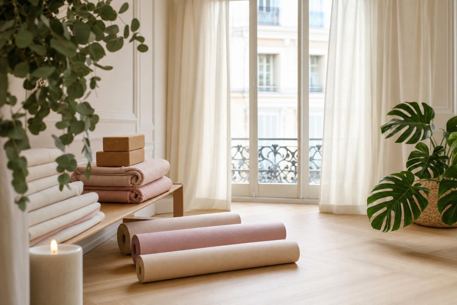 Petite salle de yoga lumineuse avec tapis alignés et plantes, ambiance douce
