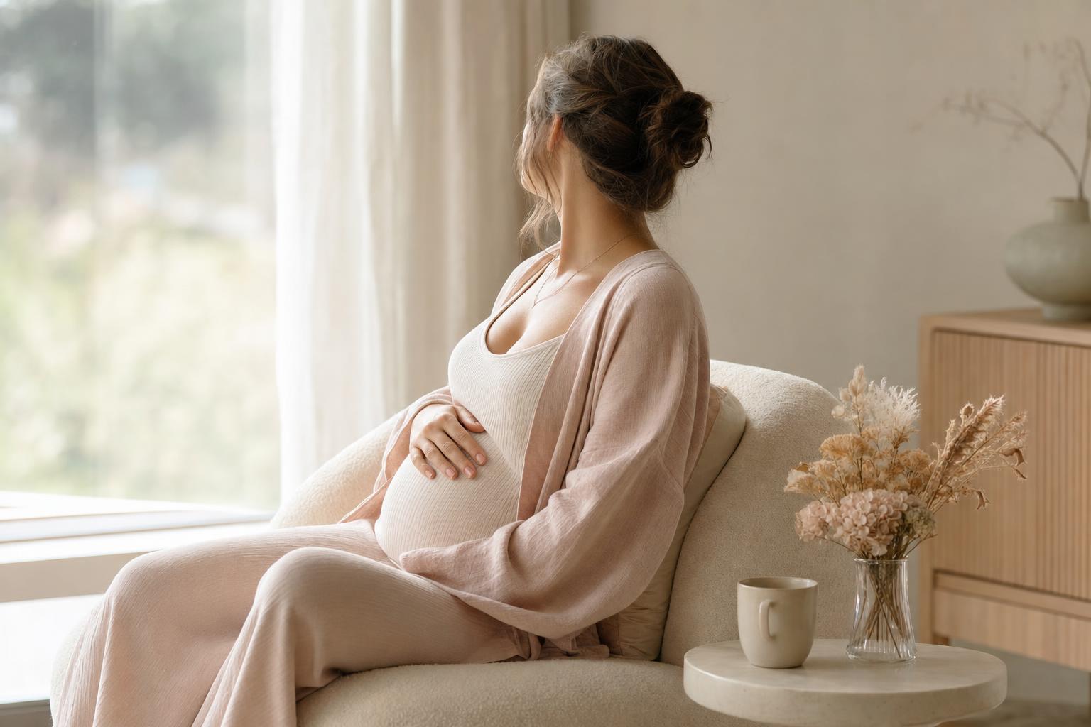 Femme assise près d'une fenêtre, une main posée sur le ventre, en train de respirer calmement dans une lumière douce