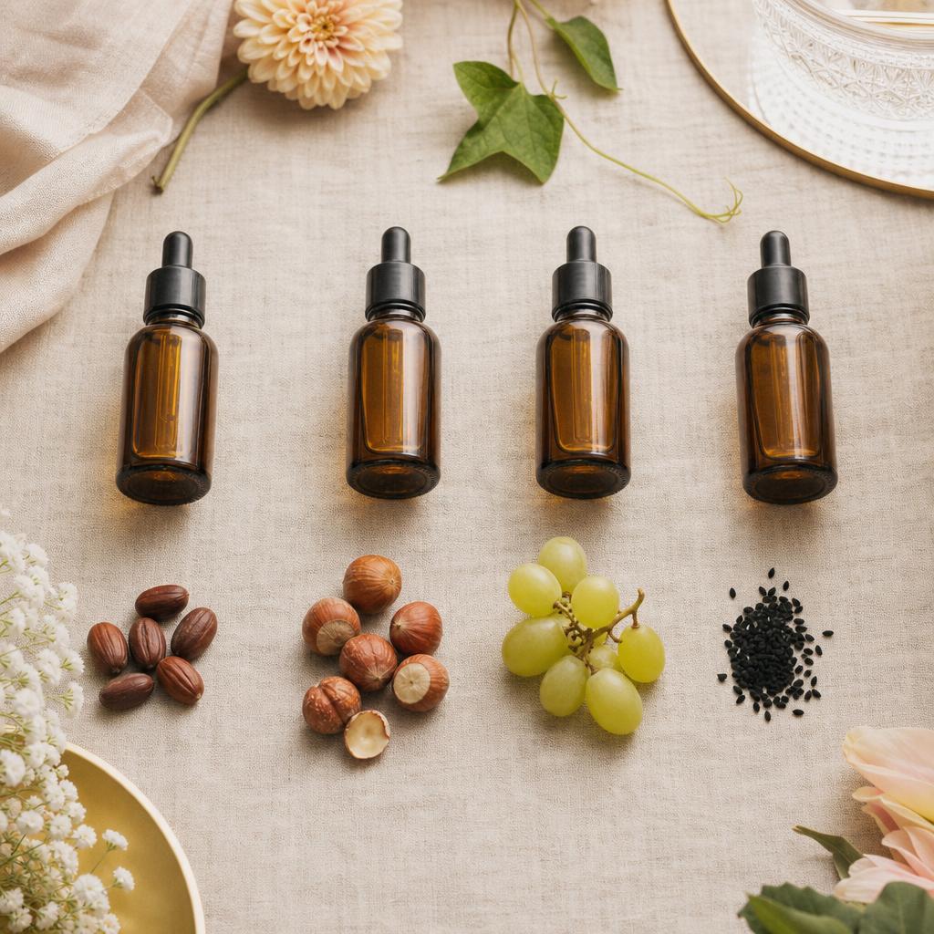 Quatre petits flacons d'huiles végétales alignés avec leurs ingrédients d'origine : jojoba, noisettes, raisin et graines de nigelle