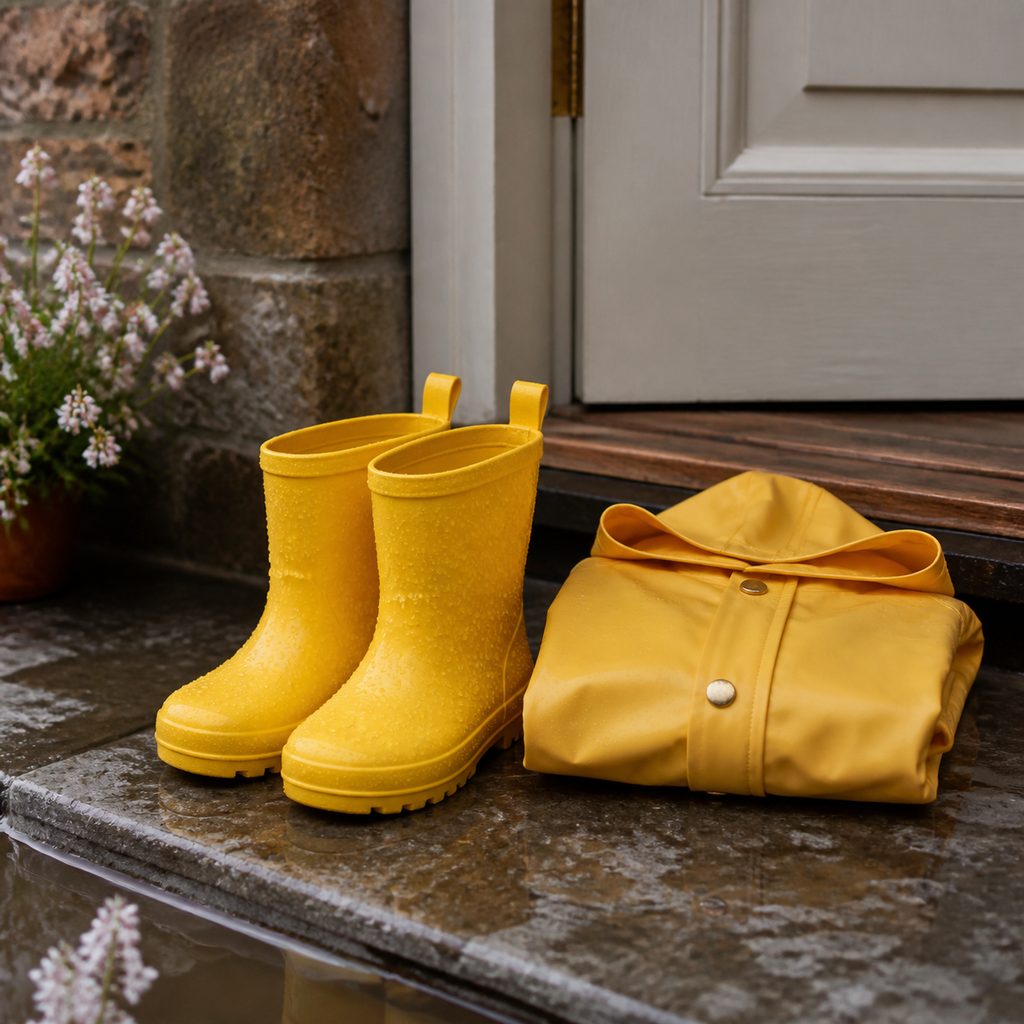Petites bottes en caoutchouc jaunes et imperméable posés près de la porte, sol mouillé et gouttes de pluie