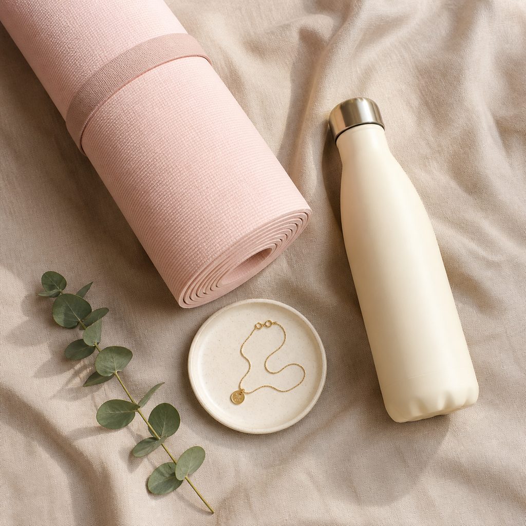Tapis de yoga roulé, gourde et petit bijou disposés en flat-lay comme idées cadeaux
