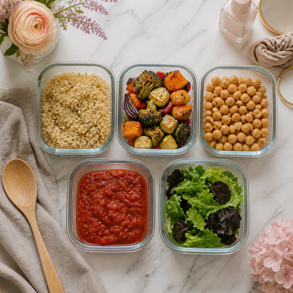 Boîtes en verre alignées sur un plan de travail avec céréales cuites, légumes rôtis, pois chiches et sauce tomate maison