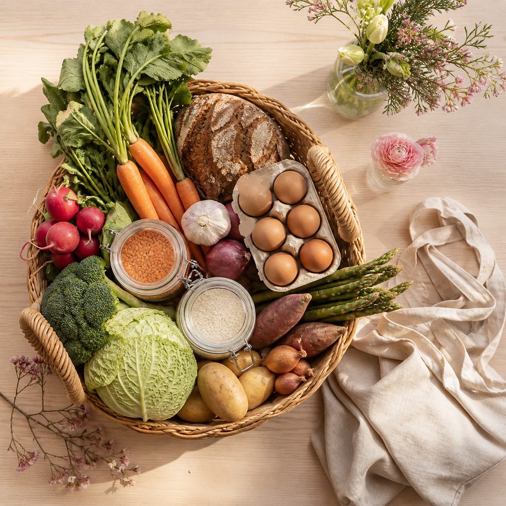 Panier en osier posé sur un plan de travail avec légumes de saison, pain complet, œufs et bocaux, prêt pour la semaine
