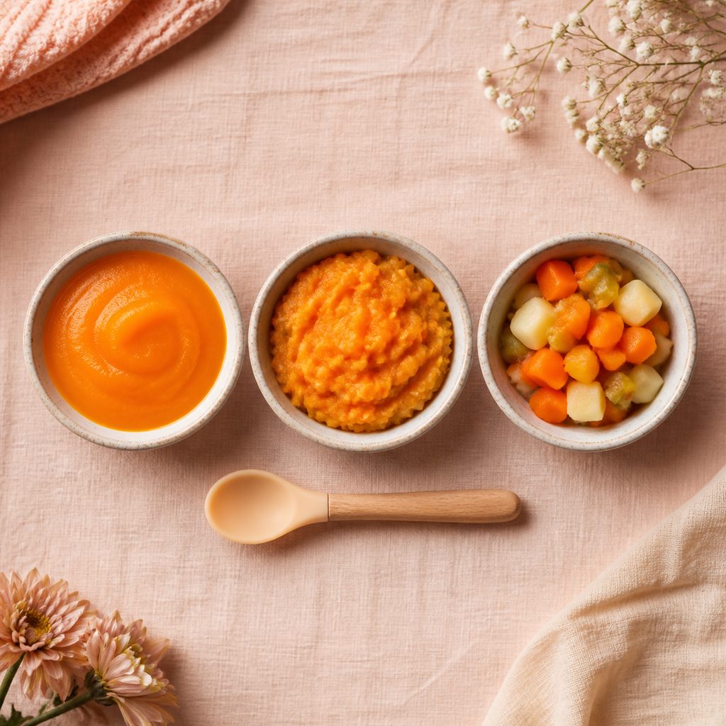 Trois bols illustrant l'évolution des textures : purée lisse, écrasé grossier, petits morceaux fondants