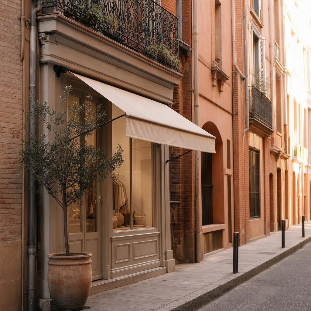 Devanture d'une petite boutique dans une rue en brique rose du centre de Toulouse