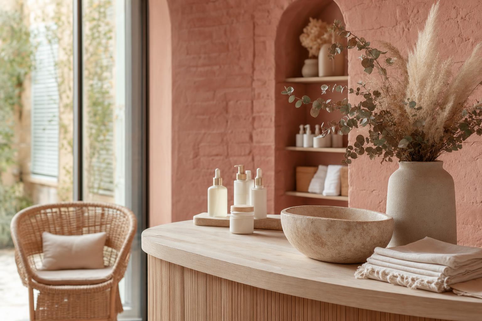 Accueil d'un petit institut de beauté toulousain avec mur en brique rose et fleurs séchées