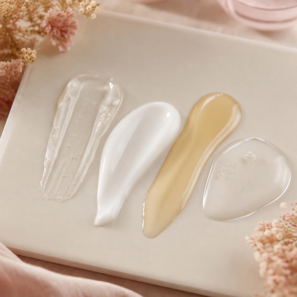 Quatre textures de nettoyants visage comparées : gel, lait, huile et eau micellaire