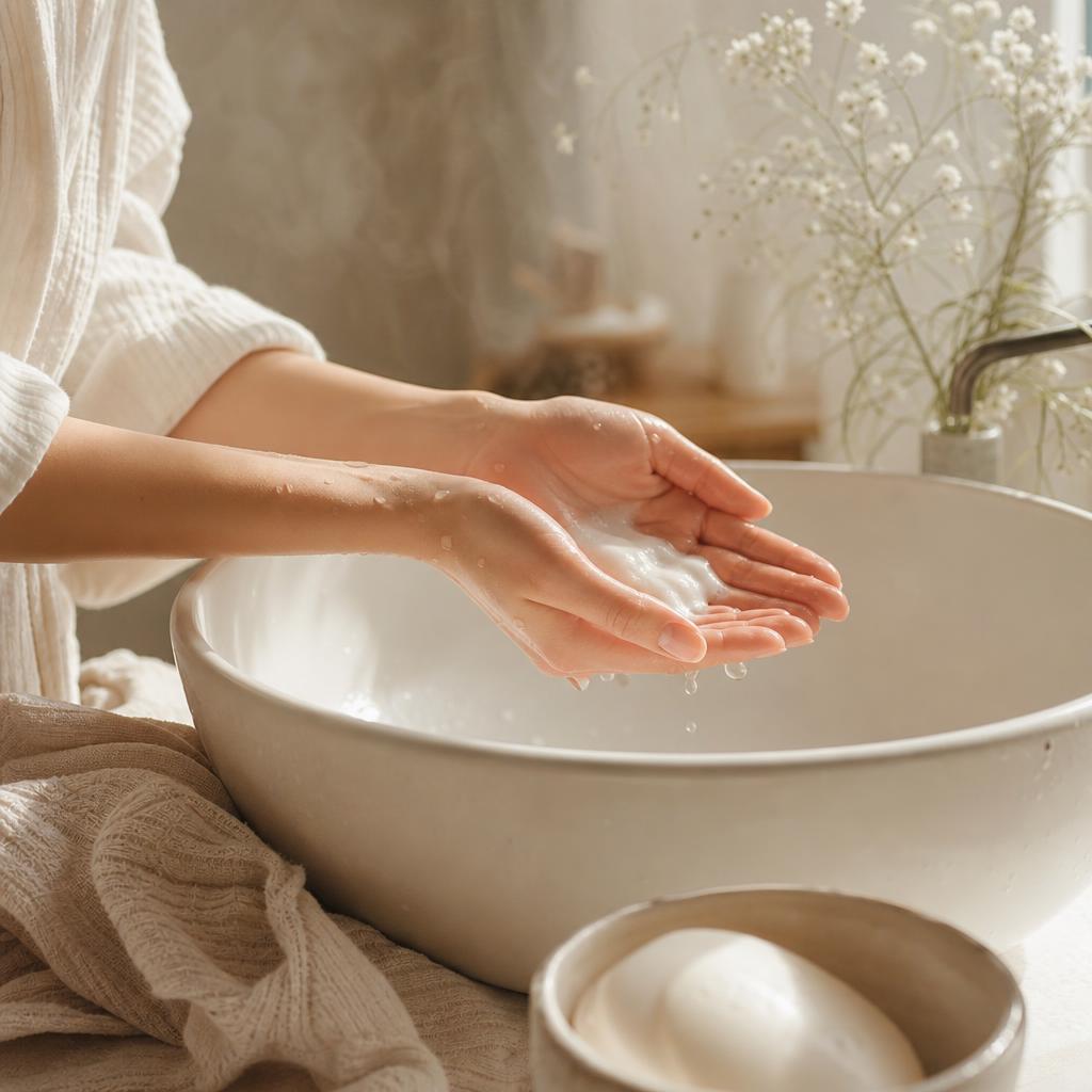 Mains émulsionnant un lait nettoyant doux au-dessus d'un lavabo