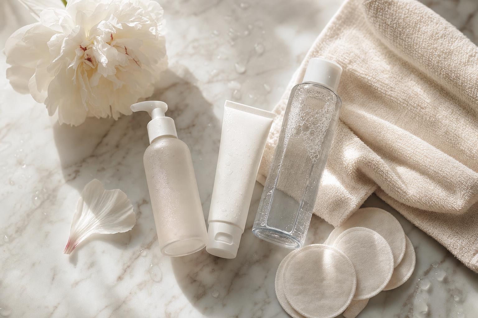 Flacons de nettoyants visage doux posés sur un plan de marbre clair avec une serviette en coton
