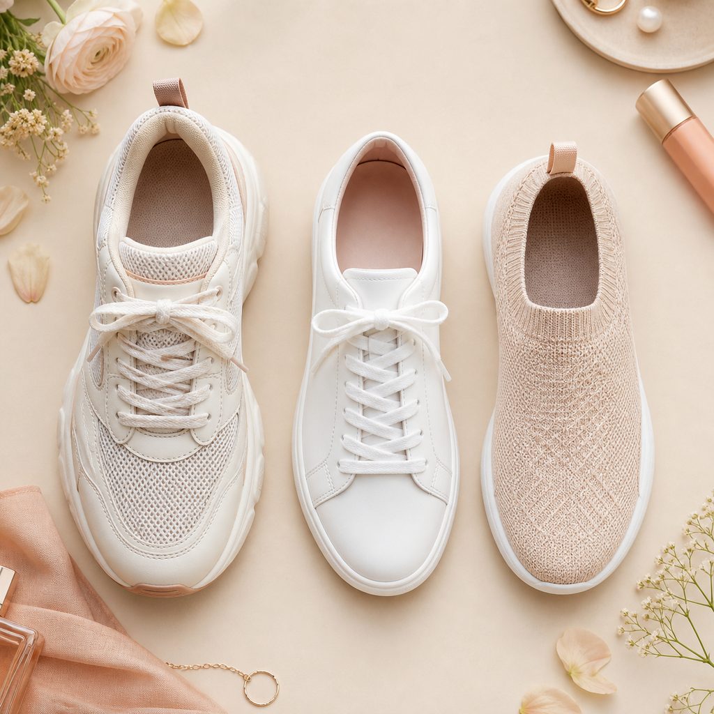 Trois types de baskets vues de dessus : un modèle de running à amorti épais, une sneaker blanche fine et un modèle en maille souple