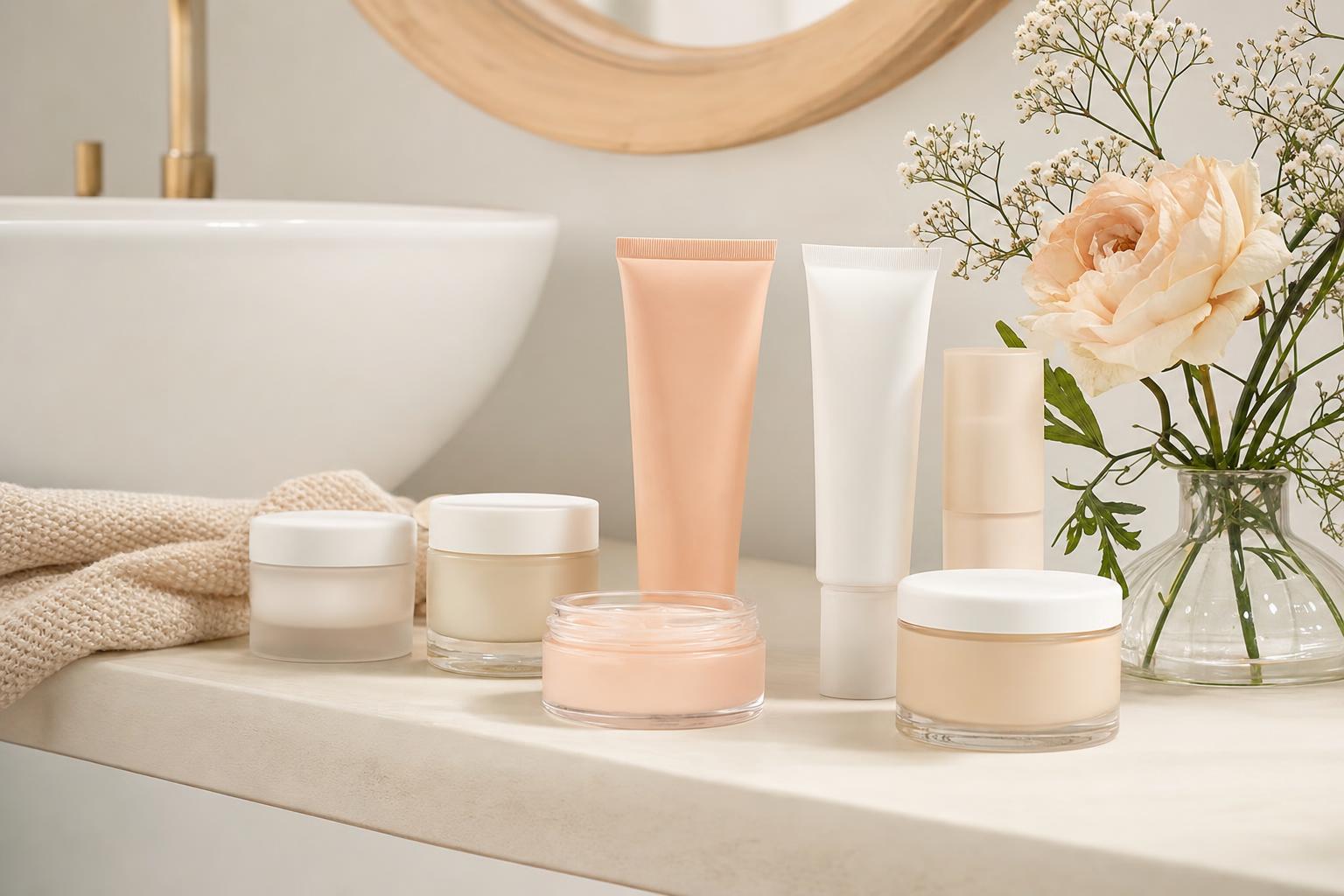 Plusieurs pots et tubes de crèmes hydratantes visage posés sur une étagère de salle de bain lumineuse