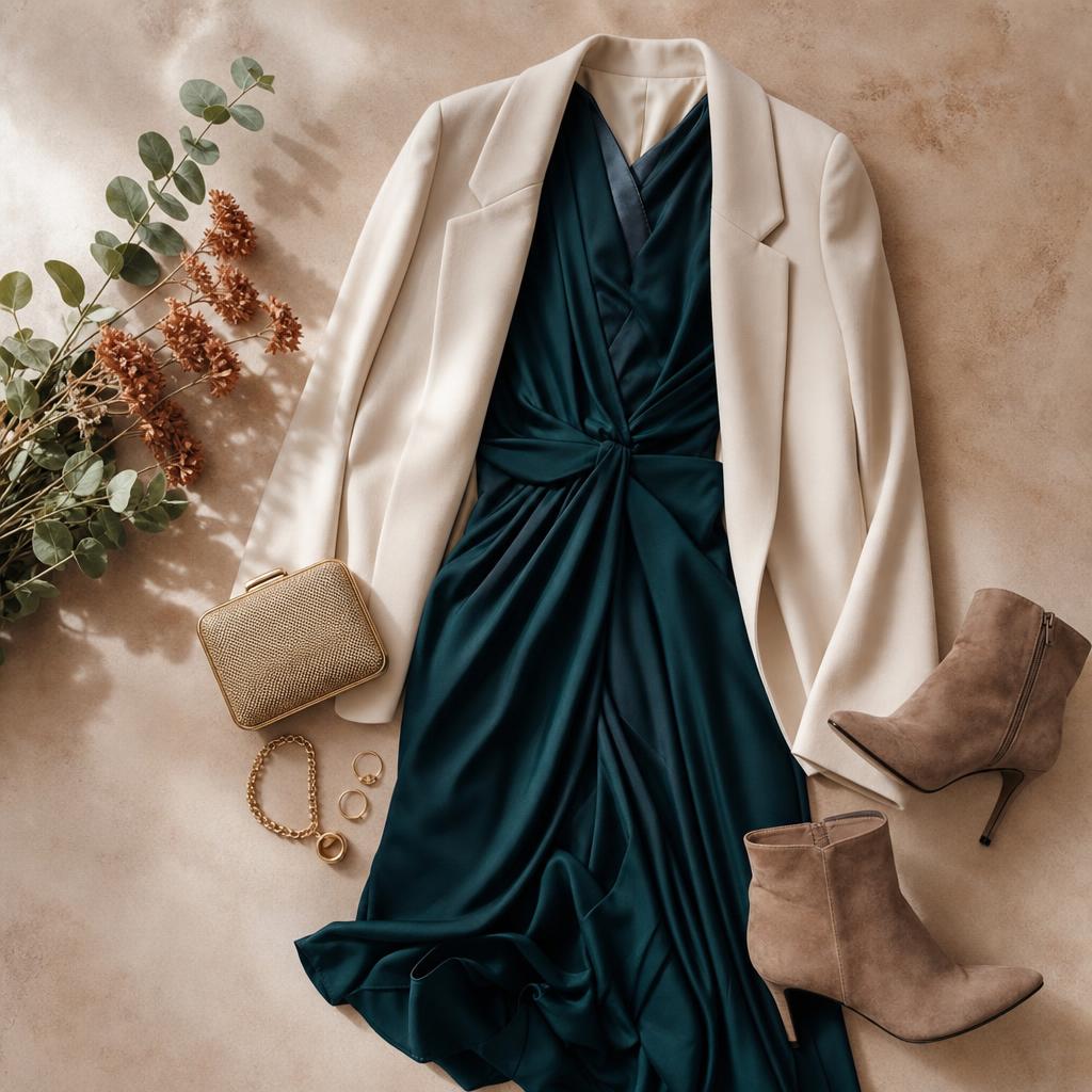 Tenue de mariage invitée pour l'automne avec veste et accessoires assortis
