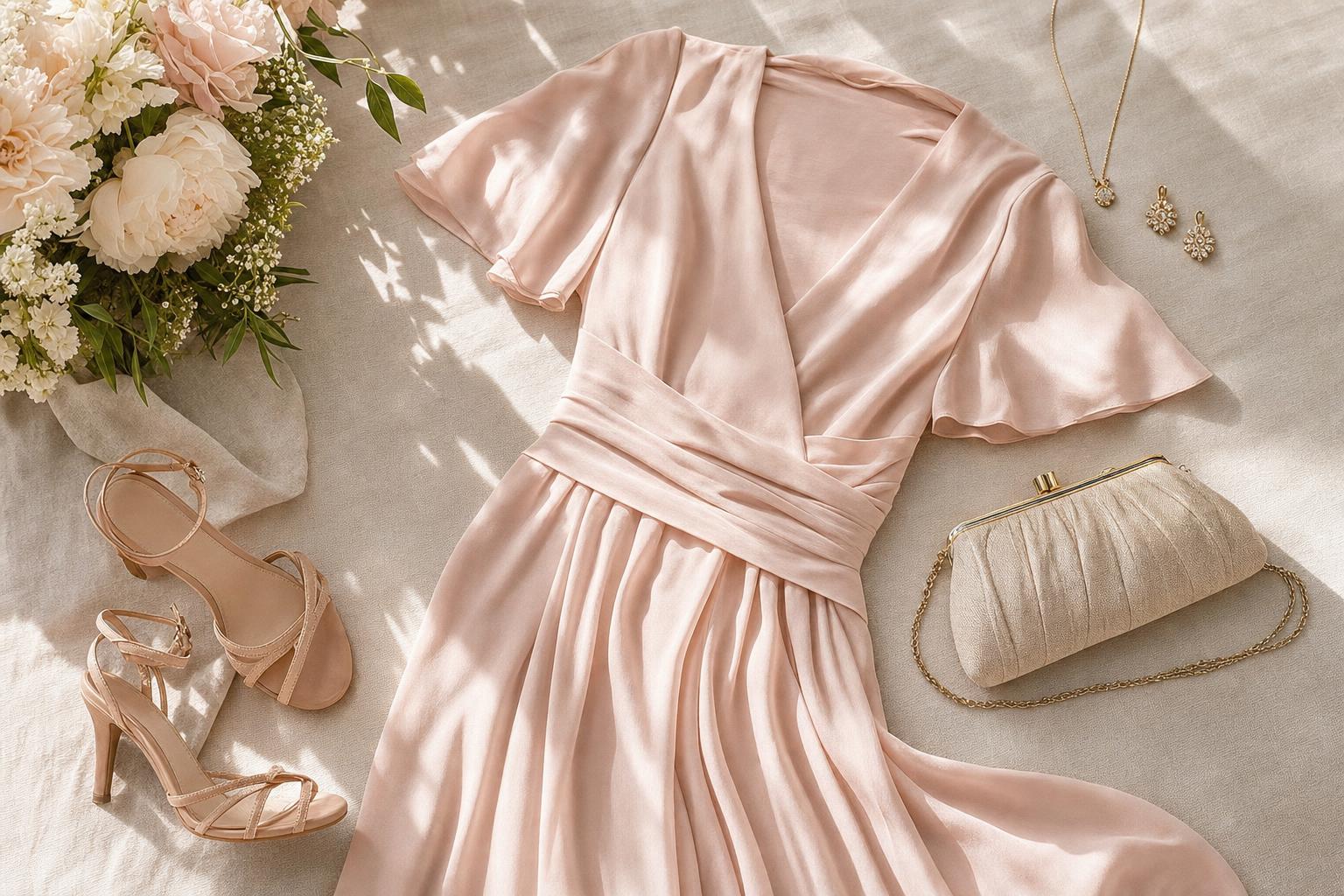 Tenue élégante pour invitée de mariage avec robe, sac et accessoires posés à plat sur fond neutre