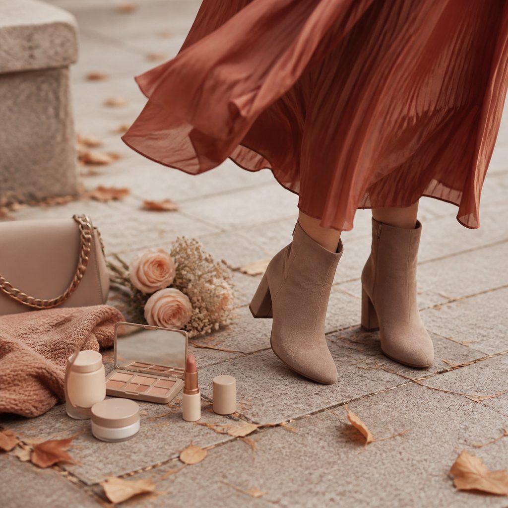 Robe longue d'automne portée avec des bottines en daim, feuilles mortes au sol