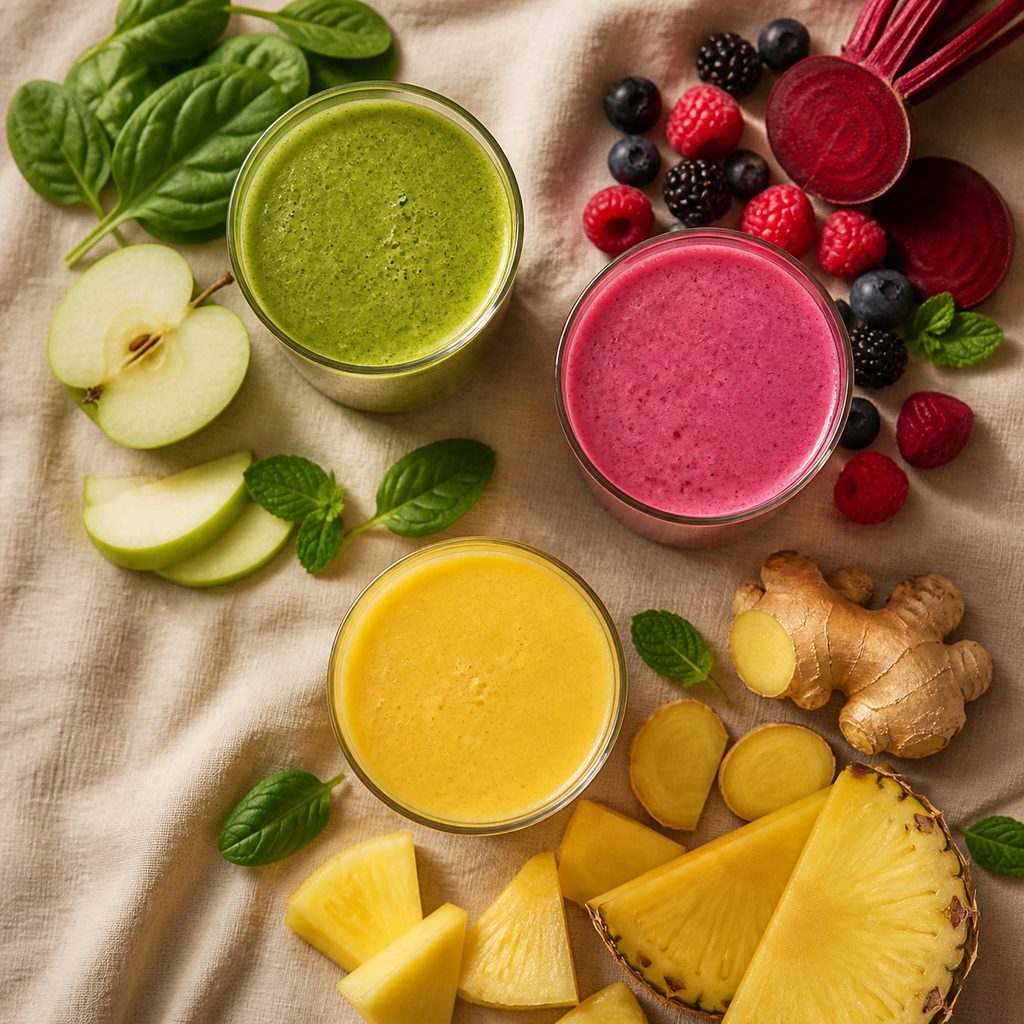 Trois smoothies détox de couleurs différentes vus de dessus avec leurs ingrédients autour