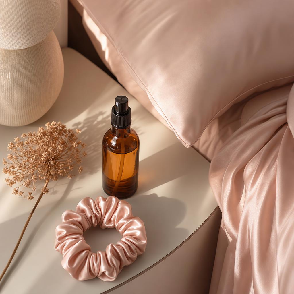 Taie d'oreiller en satin, chouchou en soie et vaporisateur posés sur une table de chevet