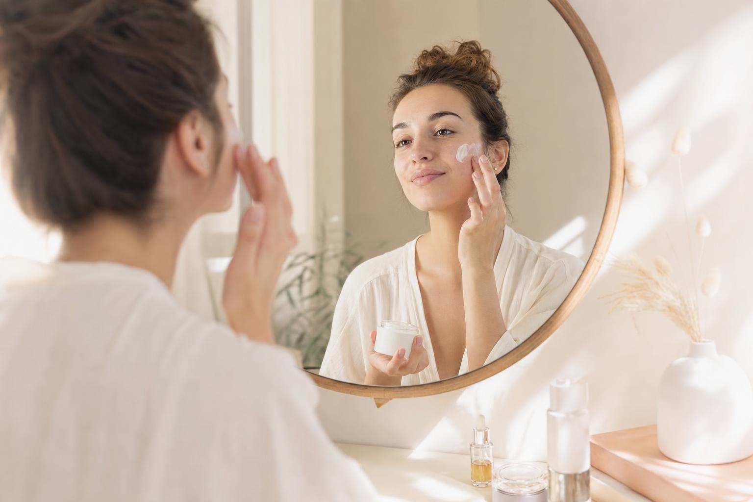 Femme appliquant une crème hydratante sur le visage devant un miroir, lumière naturelle du matin